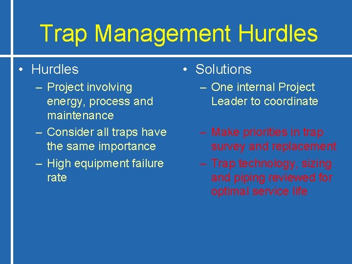 Trap Management Hurdles • Hurdles – Project involving energy, process and maintenance – Consider