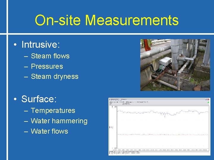 On-site Measurements • Intrusive: – Steam flows – Pressures – Steam dryness • Surface:
