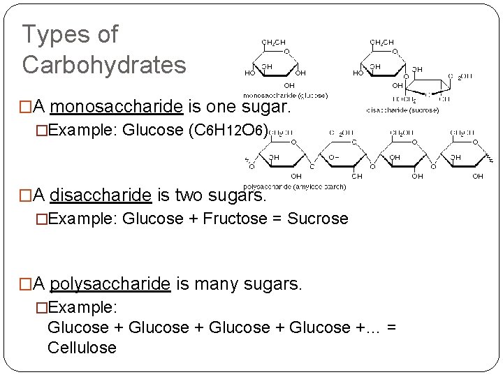 Types of Carbohydrates �A monosaccharide is one sugar. �Example: Glucose (C 6 H 12