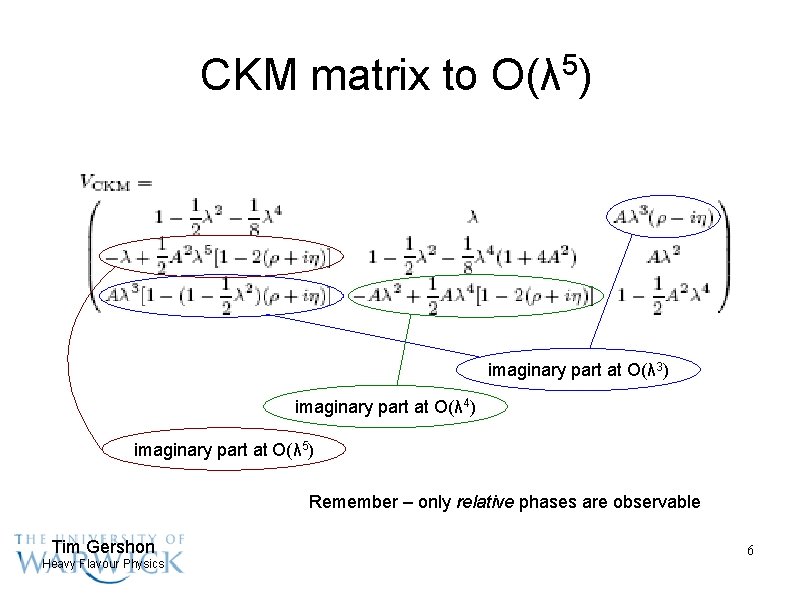 CKM matrix to 5 O(λ ) imaginary part at O(λ 3) imaginary part at