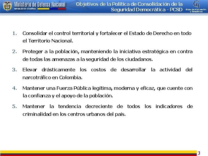 Objetivos de la Política de Consolidación de la Seguridad Democrática - PCSD 1. Grupo