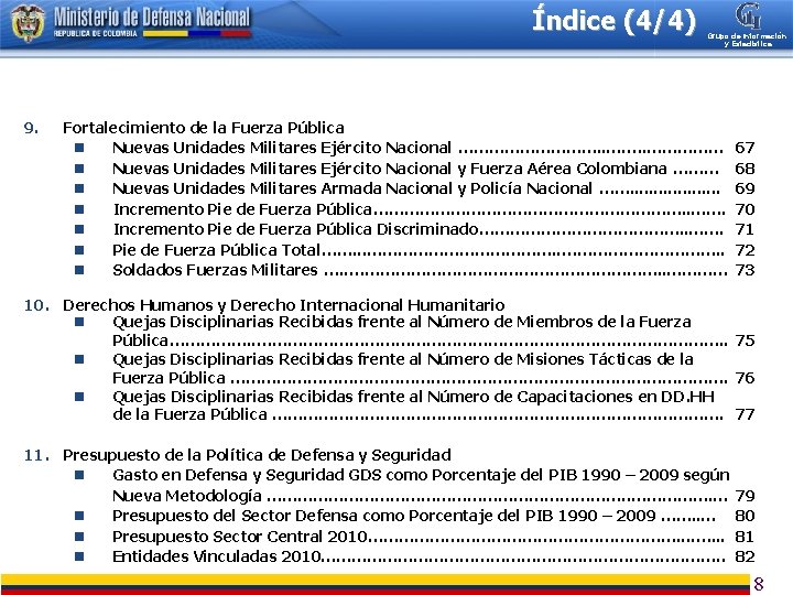 Índice (4/4) 9. Grupo de Información y Estadística Fortalecimiento de la Fuerza Pública n