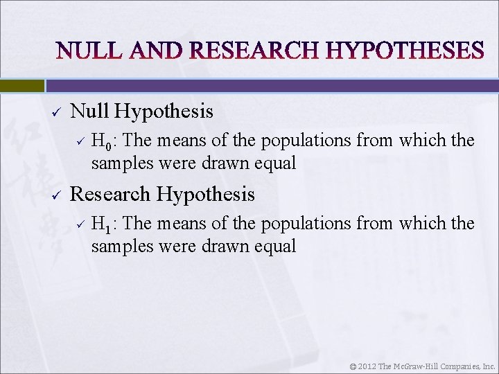 ü Null Hypothesis ü ü H 0: The means of the populations from which