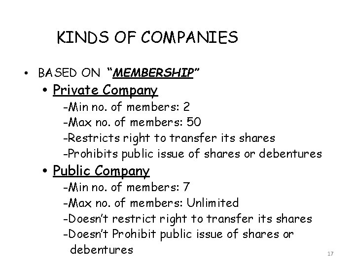 KINDS OF COMPANIES • BASED ON “MEMBERSHIP” Private Company -Min no. of members: 2