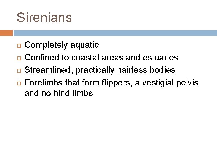 Sirenians Completely aquatic Confined to coastal areas and estuaries Streamlined, practically hairless bodies Forelimbs