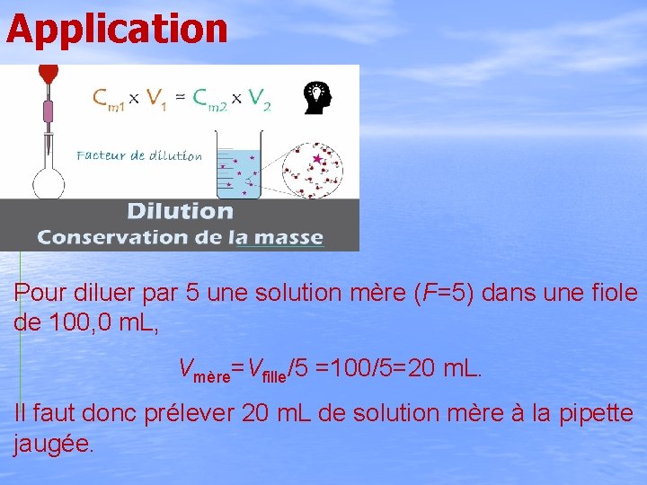 Application Pour diluer par 5 une solution mère (F=5) dans une fiole de 100,