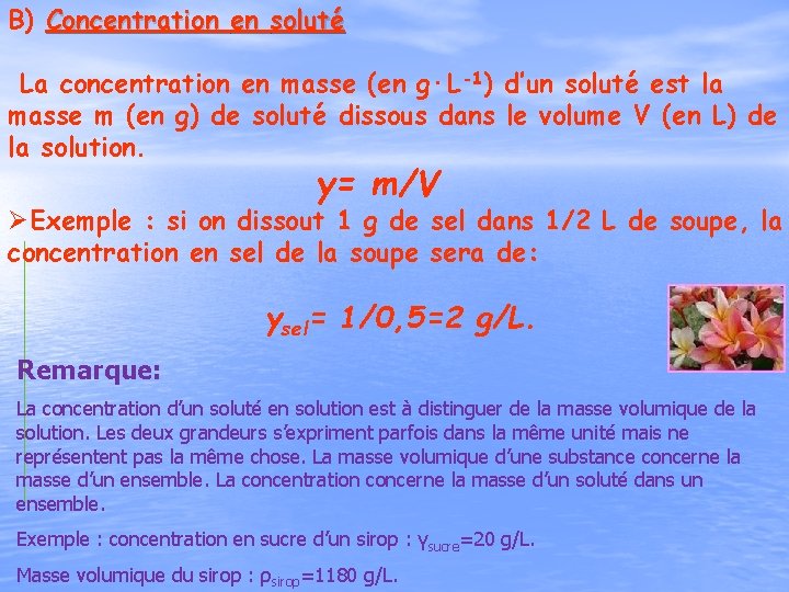 B) Concentration en soluté La concentration en masse (en g·L-1) d’un soluté est la