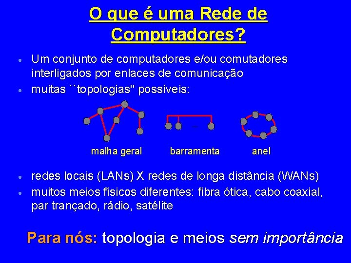 O que é uma Rede de Computadores? · · Um conjunto de computadores e/ou