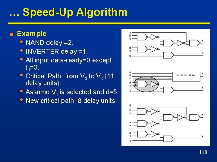 … Speed-Up Algorithm n Example • NAND delay =2. • INVERTER delay =1. •