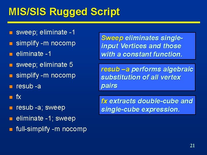 MIS/SIS Rugged Script n sweep; eliminate -1 n simplify -m nocomp n eliminate -1