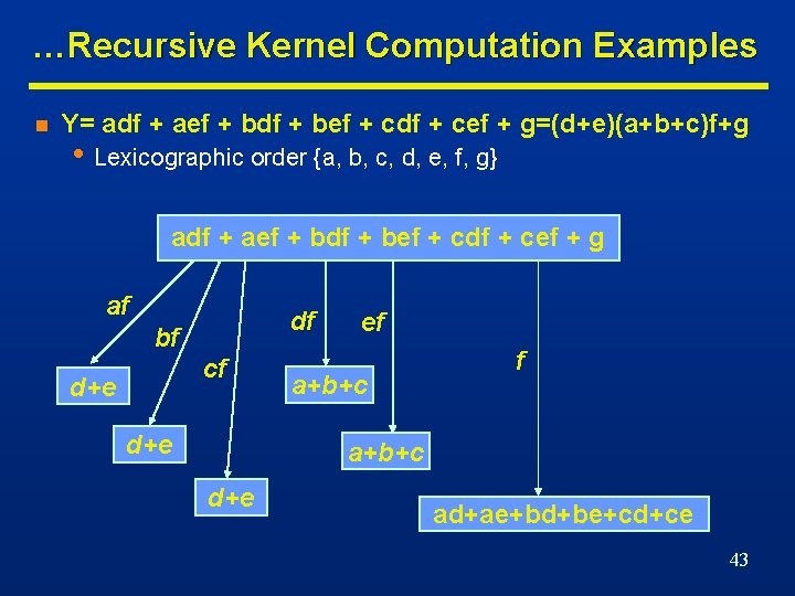 …Recursive Kernel Computation Examples n Y= adf + aef + bdf + bef +