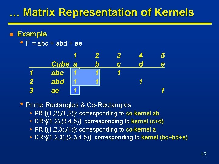 … Matrix Representation of Kernels n Example • F = abc + abd +