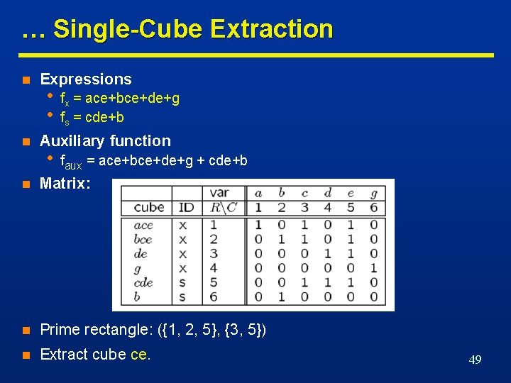 … Single-Cube Extraction n n Expressions • • fx = ace+bce+de+g fs = cde+b