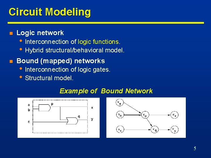 Circuit Modeling n Logic network n Bound (mapped) networks • Interconnection of logic functions.
