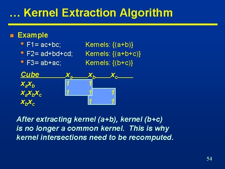 … Kernel Extraction Algorithm n Example • F 1= ac+bc; • F 2= ad+bd+cd;