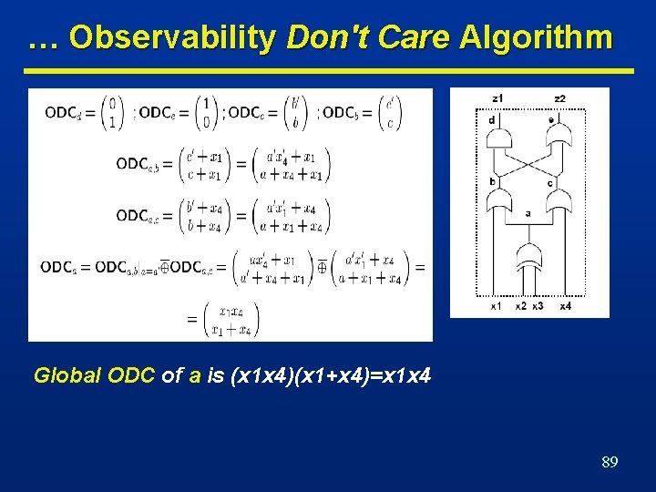 … Observability Don't Care Algorithm Global ODC of a is (x 1 x 4)(x