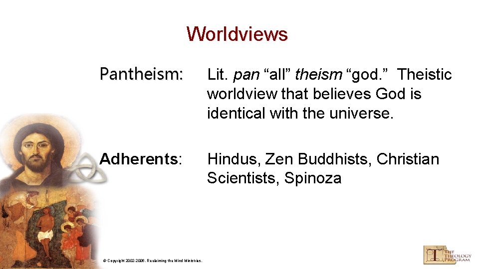 Worldviews Pantheism: Lit. pan “all” theism “god. ” Theistic worldview that believes God is