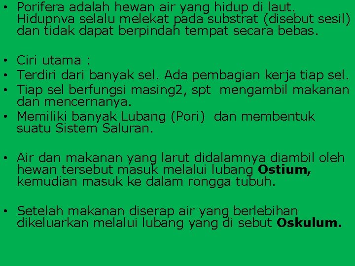  • Porifera adalah hewan air yang hidup di laut. Hidupnva selalu melekat pada