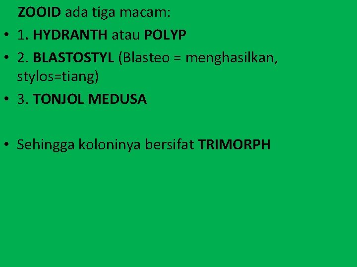 ZOOID ada tiga macam: • 1. HYDRANTH atau POLYP • 2. BLASTOSTYL (Blasteo =