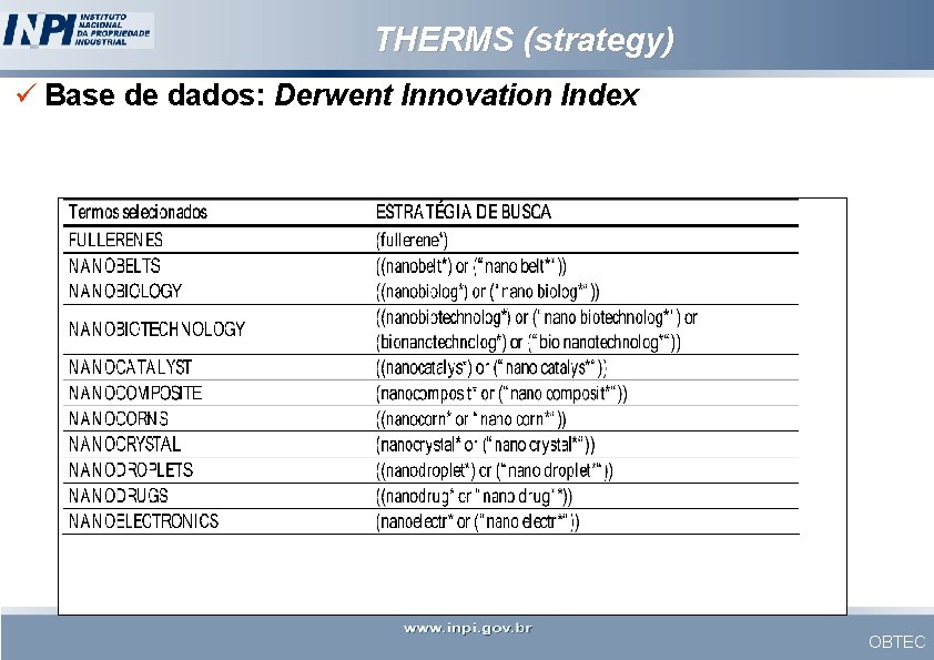 THERMS (strategy) ü Base de dados: Derwent Innovation Index OBTEC 