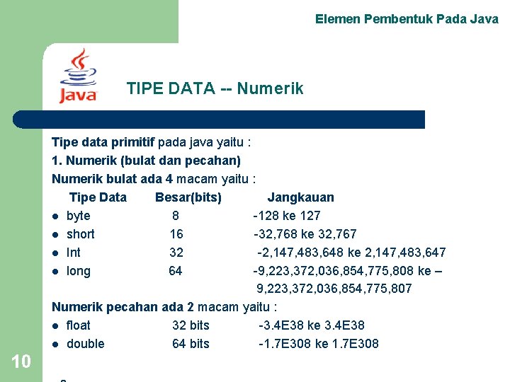 Elemen Pembentuk Pada Java TIPE DATA -- Numerik Tipe data primitif pada java yaitu