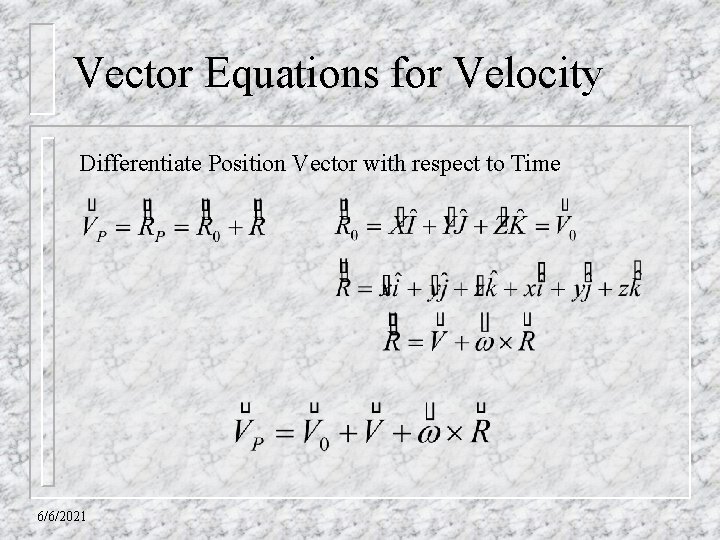 Vector Equations for Velocity Differentiate Position Vector with respect to Time 6/6/2021 