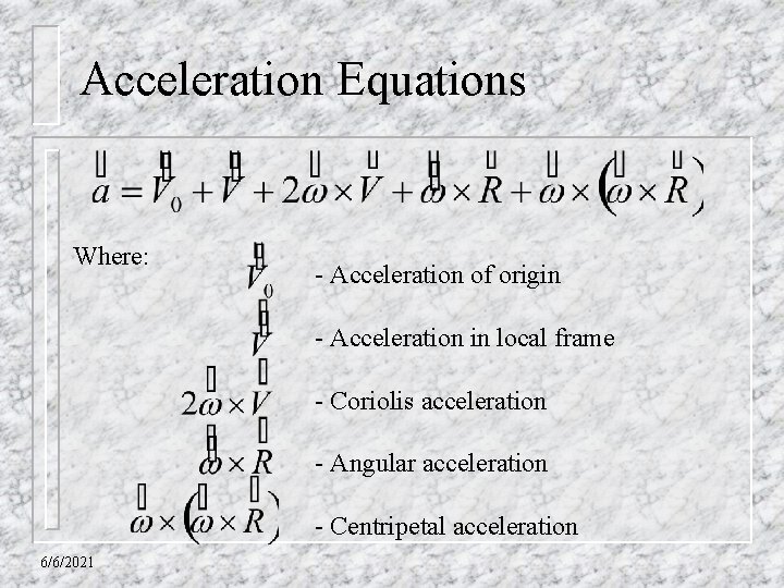 Acceleration Equations Where: - Acceleration of origin - Acceleration in local frame - Coriolis