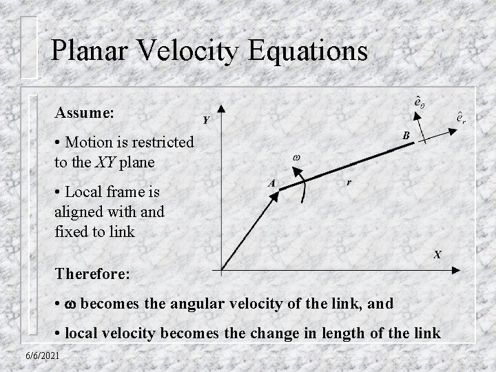 Planar Velocity Equations Assume: • Motion is restricted to the XY plane • Local