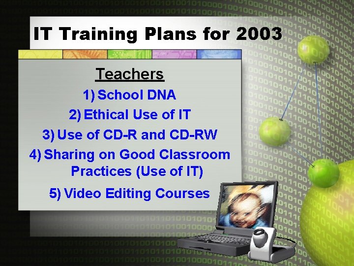 IT Training Plans for 2003 Teachers 1) School DNA 2) Ethical Use of IT