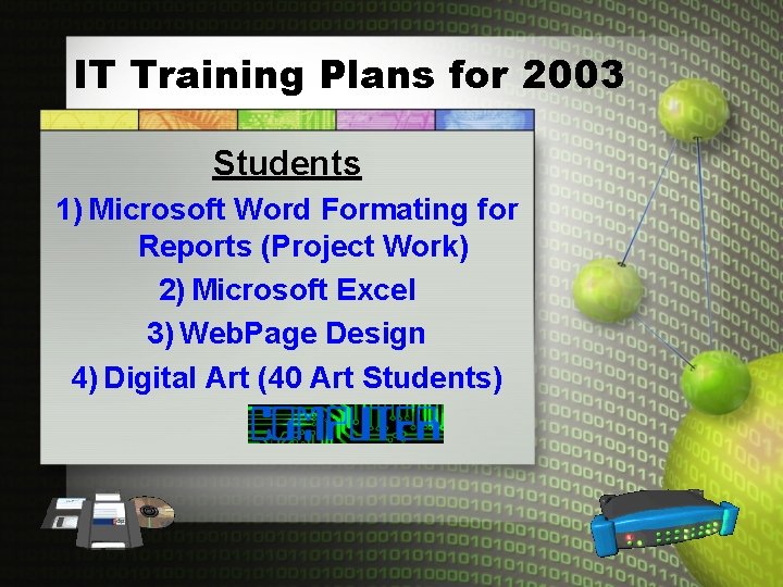 IT Training Plans for 2003 Students 1) Microsoft Word Formating for Reports (Project Work)