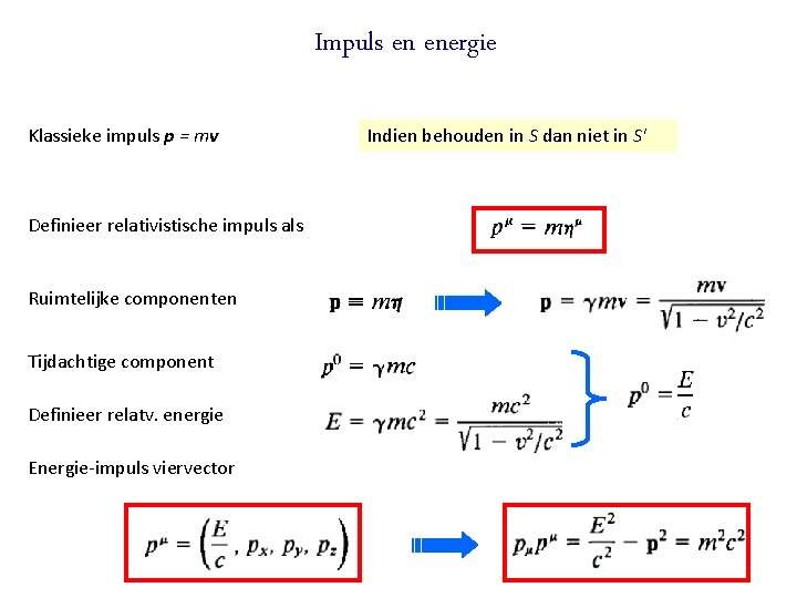 Impuls en energie Klassieke impuls p = mv Definieer relativistische impuls als Ruimtelijke componenten