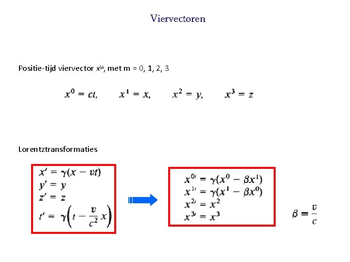 Viervectoren Positie-tijd viervector xm, met m = 0, 1, 2, 3 Lorentztransformaties 06 January