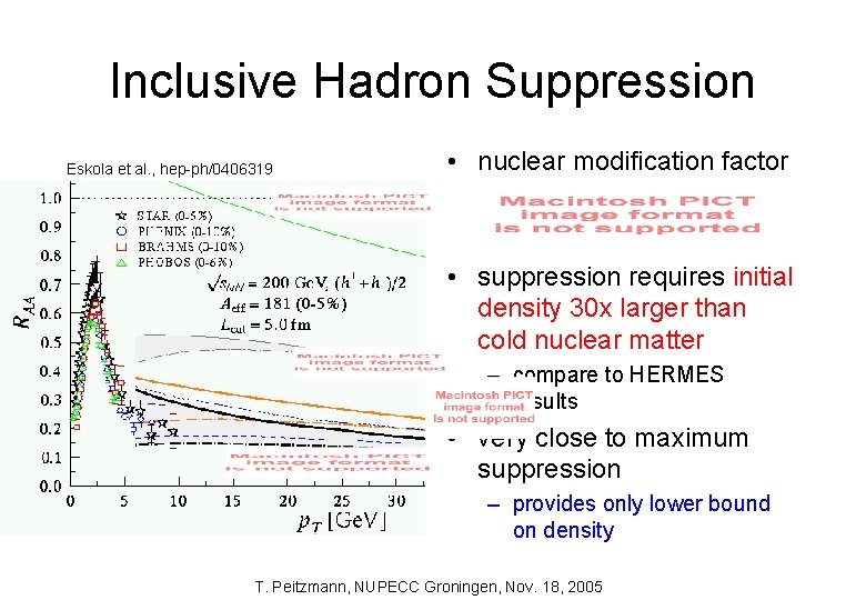 Inclusive Hadron Suppression Eskola et al. , hep-ph/0406319 • nuclear modification factor • suppression