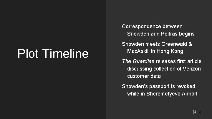 Correspondence between Snowden and Poitras begins Plot Timeline Snowden meets Greenwald & Mac. Askill