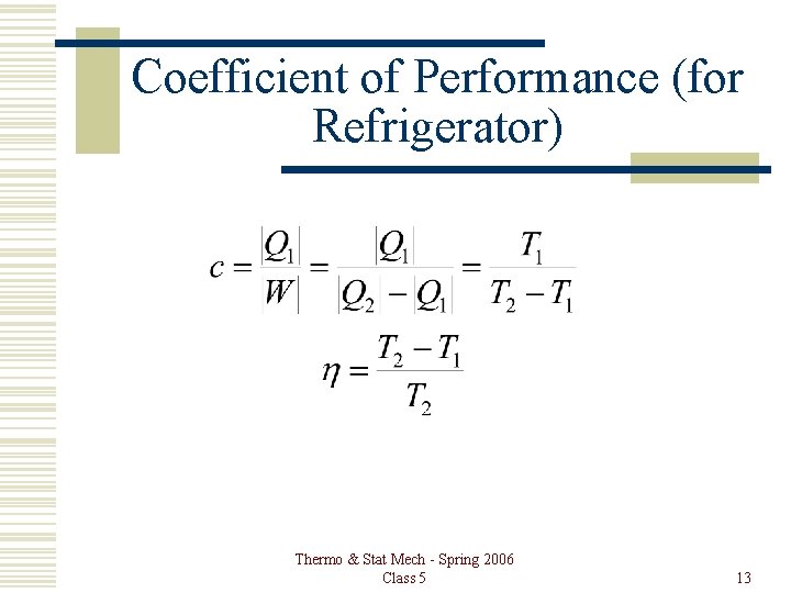 Coefficient of Performance (for Refrigerator) Thermo & Stat Mech - Spring 2006 Class 5