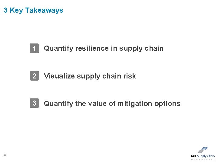 3 Key Takeaways 20 1 Quantify resilience in supply chain 2 Visualize supply chain