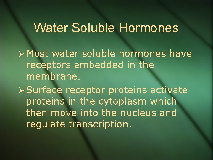 Water Soluble Hormones Ø Most water soluble hormones have receptors embedded in the membrane.