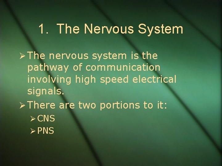 1. The Nervous System Ø The nervous system is the pathway of communication involving