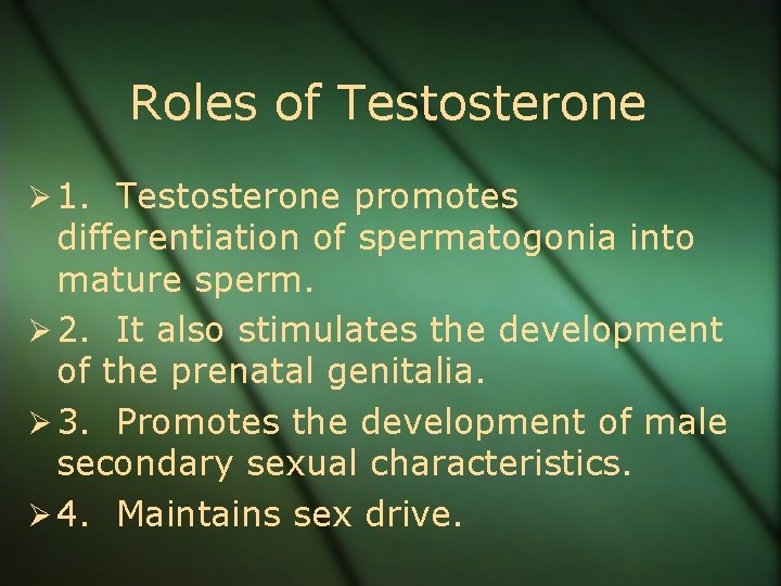 Roles of Testosterone Ø 1. Testosterone promotes differentiation of spermatogonia into mature sperm. Ø