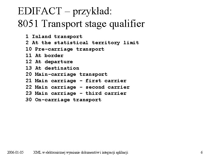 EDIFACT – przykład: 8051 Transport stage qualifier 1 Inland transport 2 At the statistical