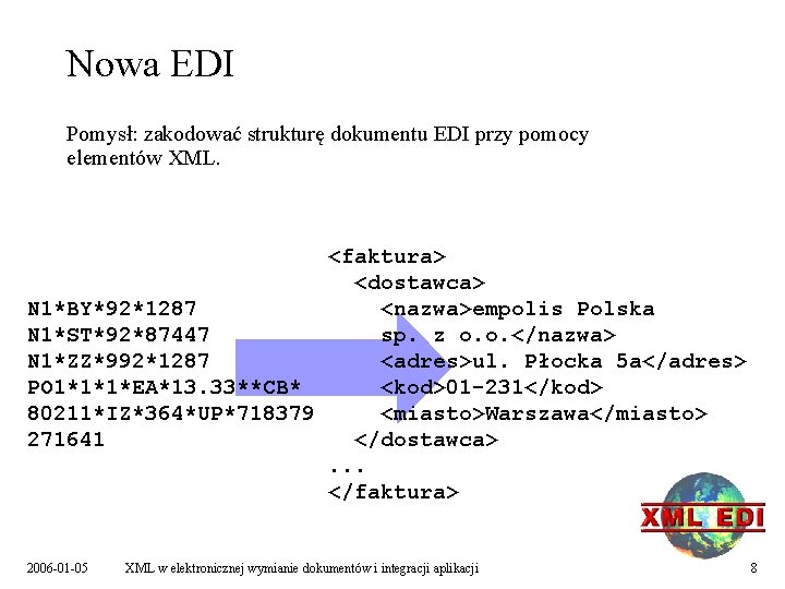 Nowa EDI Pomysł: zakodować strukturę dokumentu EDI przy pomocy elementów XML. <faktura> <dostawca> N