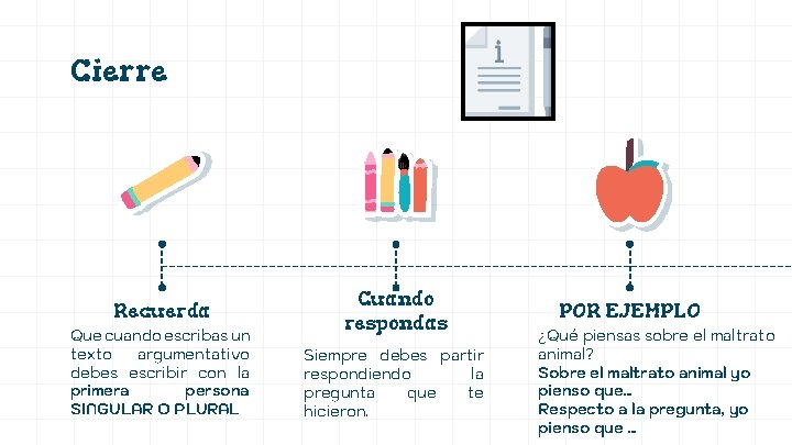 Cierre Recuerda Que cuando escribas un texto argumentativo debes escribir con la primera persona