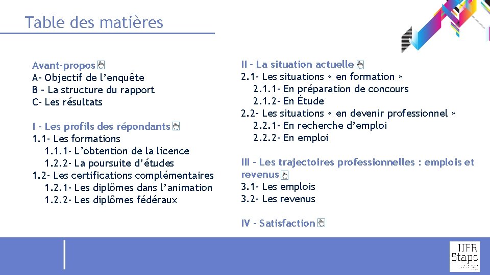 Table des matières Avant-propos A- Objectif de l’enquête B – La structure du rapport