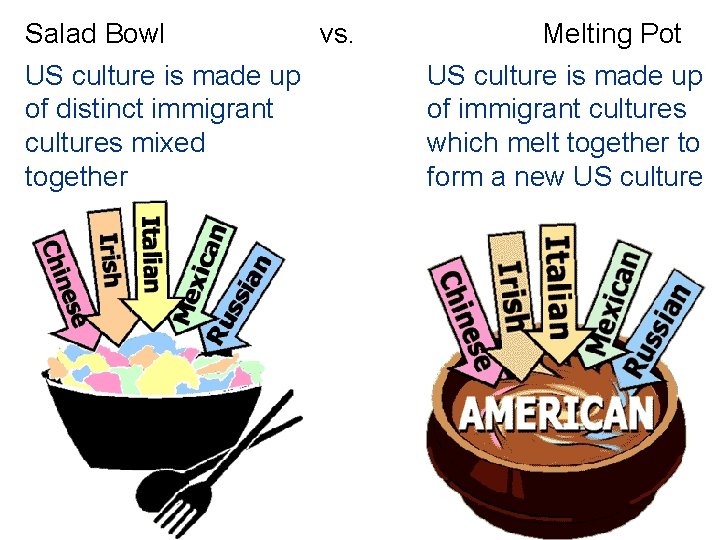 Salad Bowl vs. US culture is made up of distinct immigrant cultures mixed together