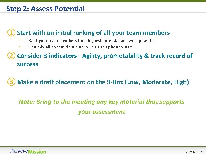 Step 2: Assess Potential ① Start with an initial ranking of all your team
