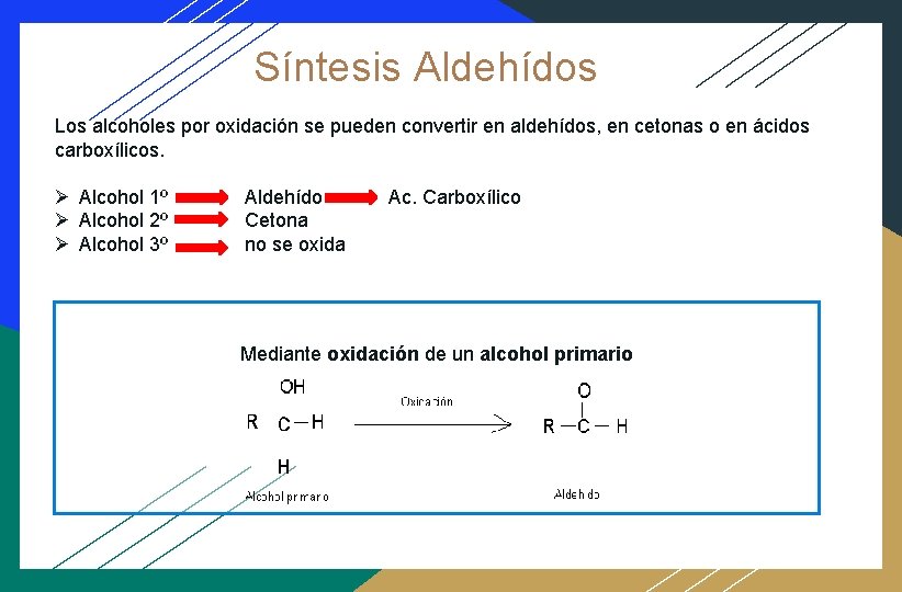 Síntesis Aldehídos Los alcoholes por oxidación se pueden convertir en aldehídos, en cetonas o