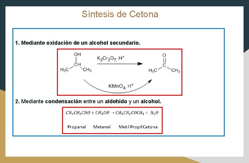 Síntesis de Cetona Síntesis 1. Mediante oxidación de un alcohol secundario. 2. Mediante condensación
