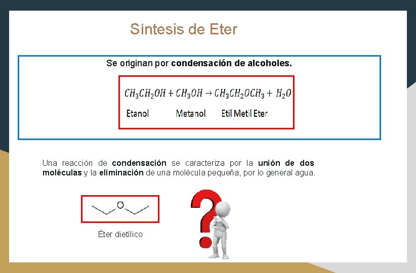 Síntesis de Eter Se originan por condensación de alcoholes. Una reacción de condensación se