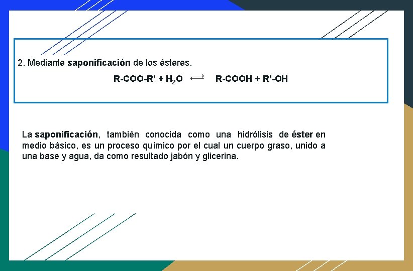 Síntesis 2. Mediante saponificación de los ésteres. R-COO-R’ + H 2 O R-COOH +