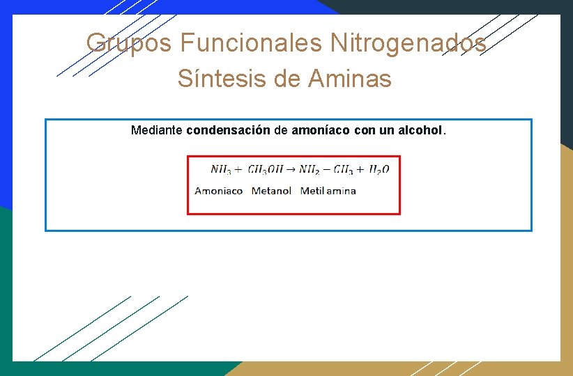 Grupos Funcionales Nitrogenados Síntesis de Aminas Mediante condensación de amoníaco con un alcohol. 